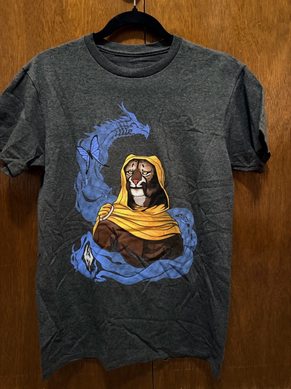 Men's Short Sleeve Graphic Tee — Charcoal with Blue and Yellow Illustration